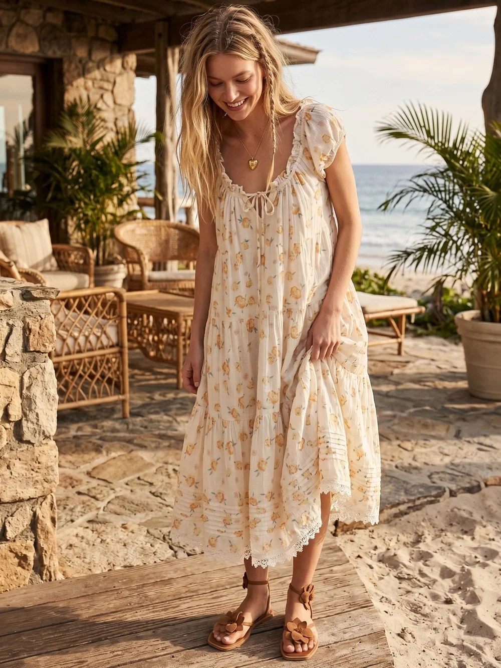 Anthropologie Summer Cottage Floral Short Sleeve Scoop Neck Midi Dress Large